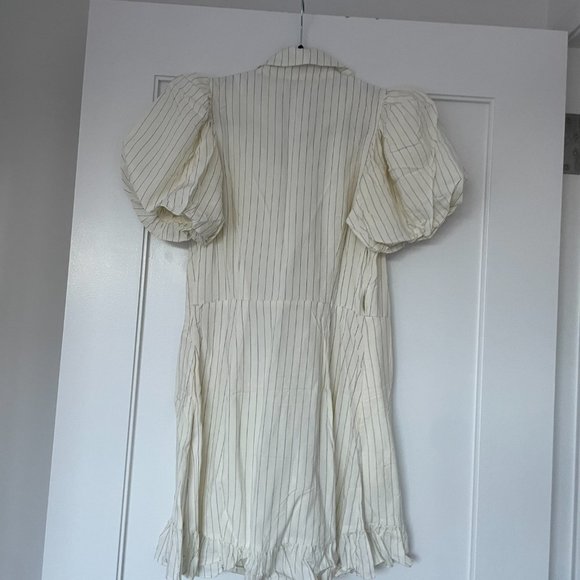 Weworewhat Collared Wrap Dress Ivory Short Puff Sleeve Pin Stripe Ruffle Hem - Picture 10 of 11